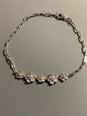 Sterling Silver Floral CZ Bracelet - Silver Flower Link Bracelet